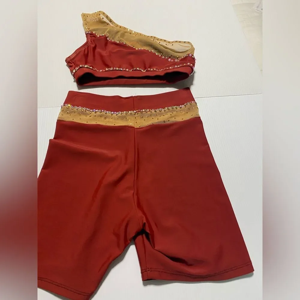 Patrick J designs dance costume solo orange illusion 2 piece top bike shorts XSA